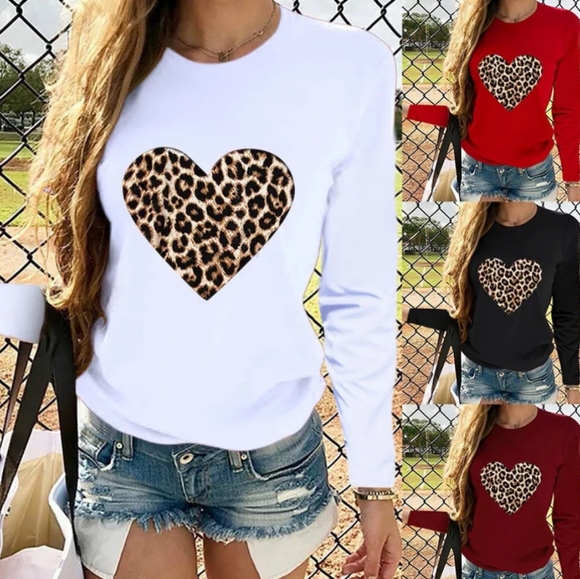 RED LONG SLEEVE TEE WITH LEOPARD HEART - Picture 2 of 2